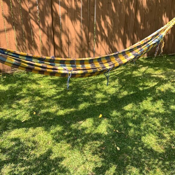 handmade cotton plaid hammock yellow blue orange colourful check checkered - Picture 6 of 7